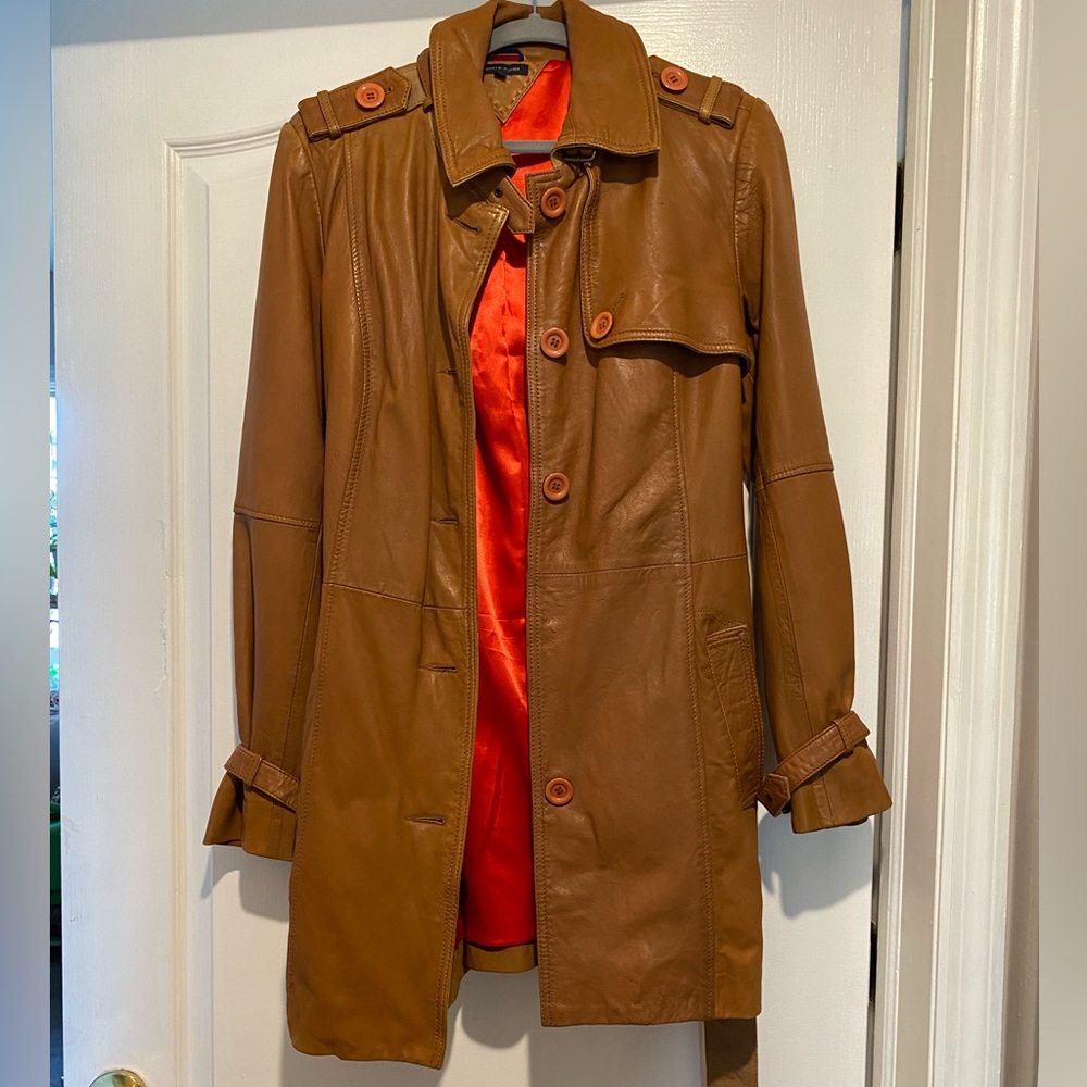 Brown genuine leather long fall jacket